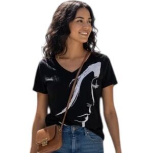 Uoozee Shirt Womens Medium Black V Neck Graphic Face Print Casual Tee Minimalist